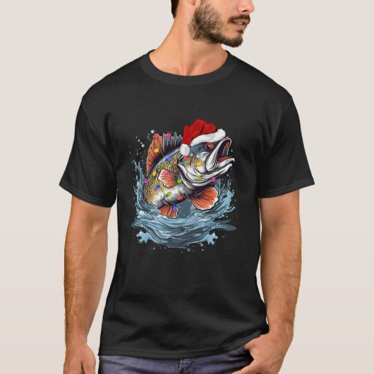 Xmas Lights Santa Hat Bass Fish Vist kerst T-shirt (Voorkant)