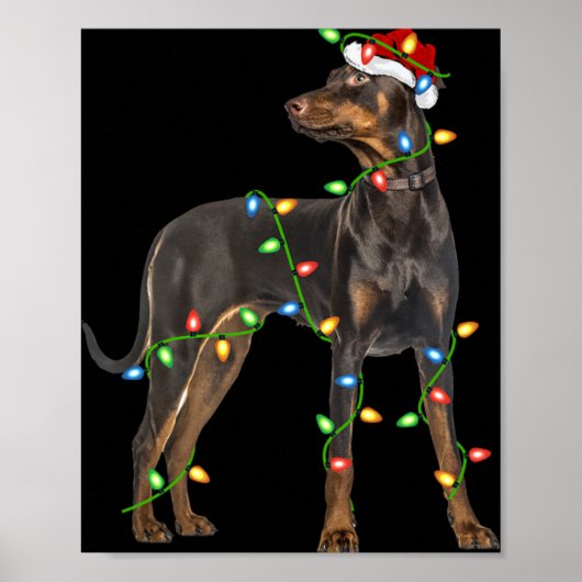 Xmas Lights Santa Hat Doberman Nscher Dog Christ  Poster (Voorkant)