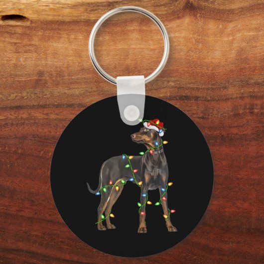 Xmas Lights Santa Hat Doberman Nscher Dog Christ T Sleutelhanger (Voorkant)