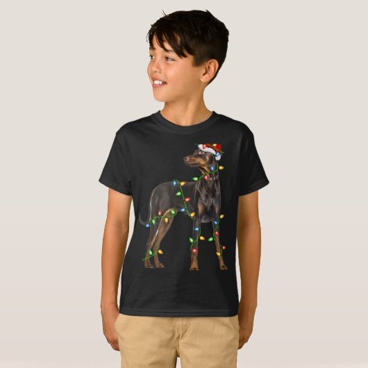 Xmas Lights Santa Hat Doberman Nscher Dog Christ T T-shirt (Voorkant volledig)
