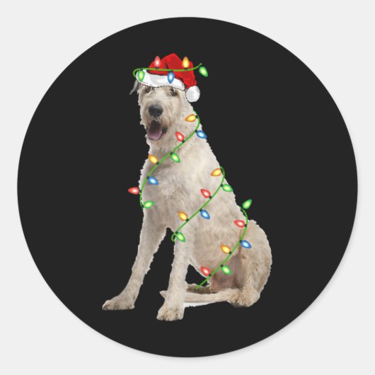 Xmas Lights Santa Hat Irish Wolfhound Dog Christma Ronde Sticker (Voorkant)