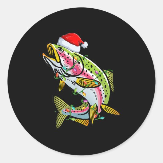Xmas Lights Santa Hat Rainbow Trout Fish Christmas Ronde Sticker (Voorkant)