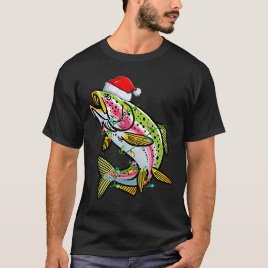 Xmas Lights Santa Hat Rainbow Trout Fish Christmas T-shirt (Voorkant)