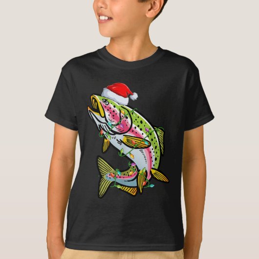Xmas Lights Santa Hat Rainbow Trout Fish Christmas T-shirt (Voorkant)