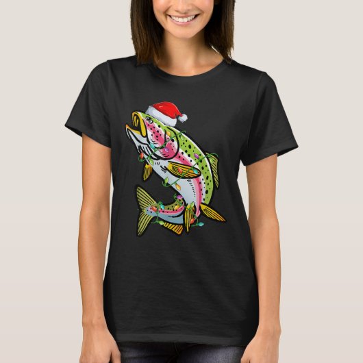 Xmas Lights Santa Hat Rainbow Trout Fish Christmas T-shirt (Voorkant)