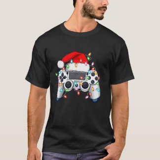 Xmas Lights Santa Hat Video Game Controller Gamer T-shirt