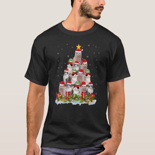 Xmas Lights Santa Scottish Fold Cat kerstboom T-shirt (Voorkant)