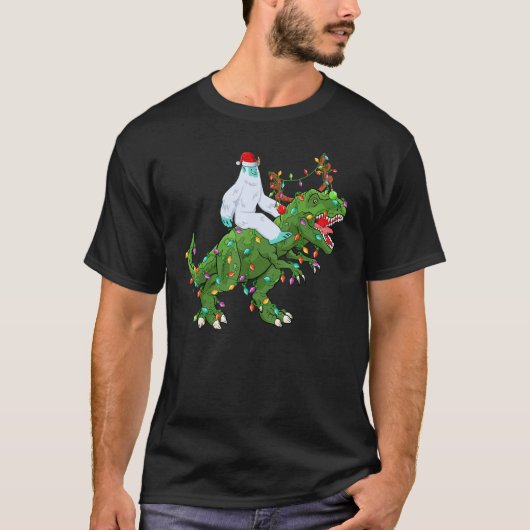 Xmas Lights Santa Yeti Riding Dinosaur Trex Christ T-shirt (Voorkant)