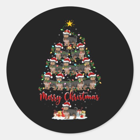 Xmas Lights Santa Yorkshire Terrier Dog Christmas Ronde Sticker (Voorkant)