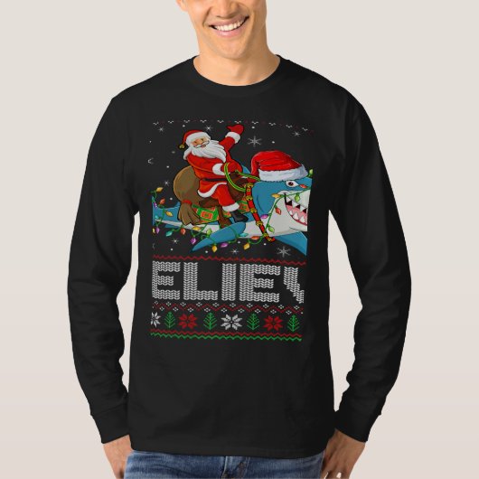 Xmas Lights Shark Believe Ugly Santa Riding Shark  T-shirt (Voorkant)