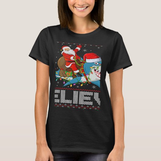 Xmas Lights Shark Believe Ugly Santa Riding Shark  T-shirt (Voorkant)