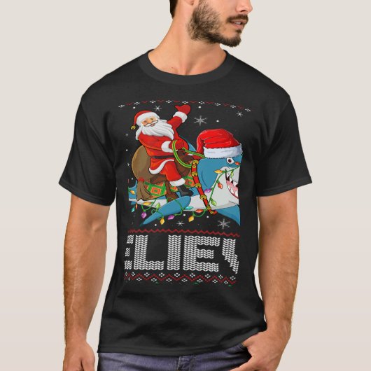 Xmas Lights Shark Believe Ugly Santa Riding Shark  T-shirt (Voorkant)