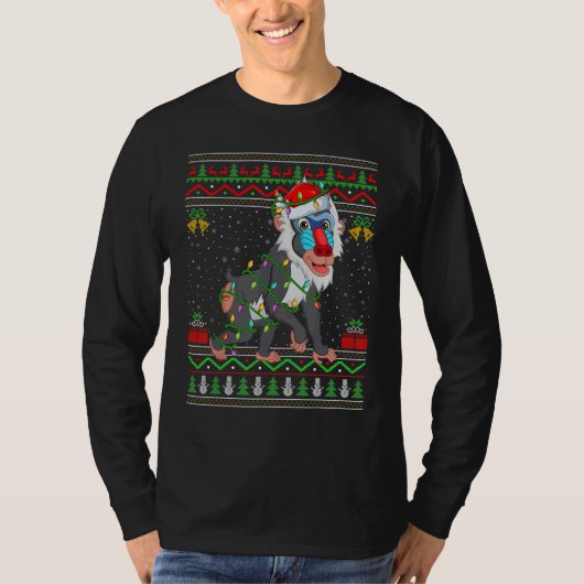 Xmas Lights Ugly Sweater Style Santa Baboon Christ T-shirt (Voorkant)