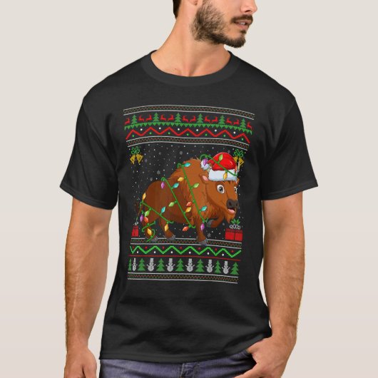 Xmas Lights Ugly Sweater Style Santa Bison Christm T-shirt (Voorkant)