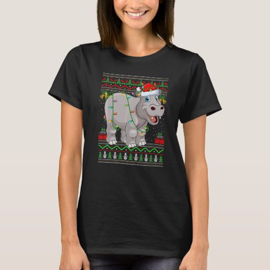 Xmas Lights Ugly Sweater Style Santa Hippopotamus  T-shirt (Voorkant)