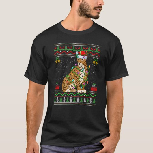 Xmas Lights Ugly Sweater Style Santa Jaguar Christ T-shirt (Voorkant)