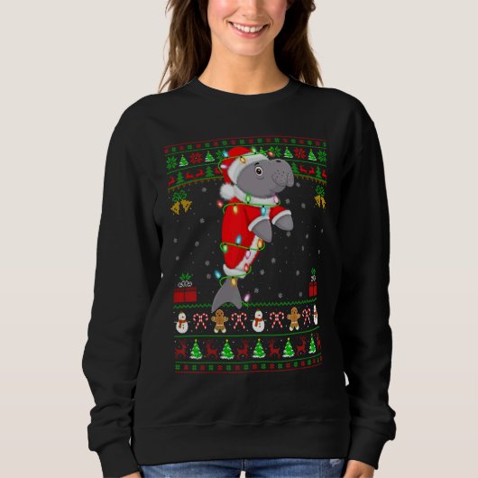 Xmas Lights Ugly Sweater Style Santa Manatee Chris (Voorkant)
