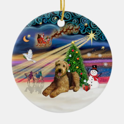 Xmas Magic - Airedale 5 (liggend) Keramisch Ornament (Voorkant)