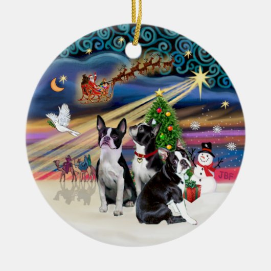 Xmas Magic - Boston Terriers (drie) Keramisch Ornament (Voorkant)