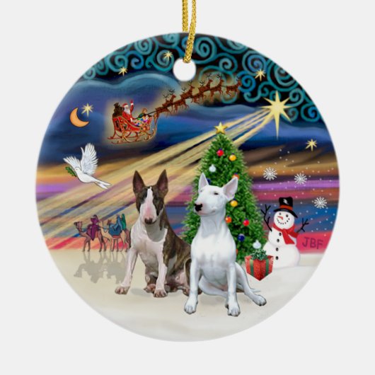Xmas Magic - Bull Terriers (twee) Keramisch Ornament (Voorkant)