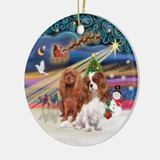 Xmas Magic - Cavaliers (twee-Ruby-Blenheim) Keramisch Ornament (Links)