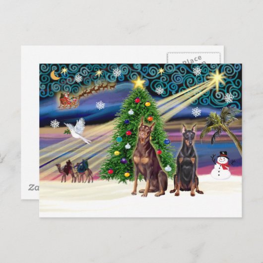 Xmas Magic-Doberman Pair Feestdagenkaart (Voorkant / Achterkant)