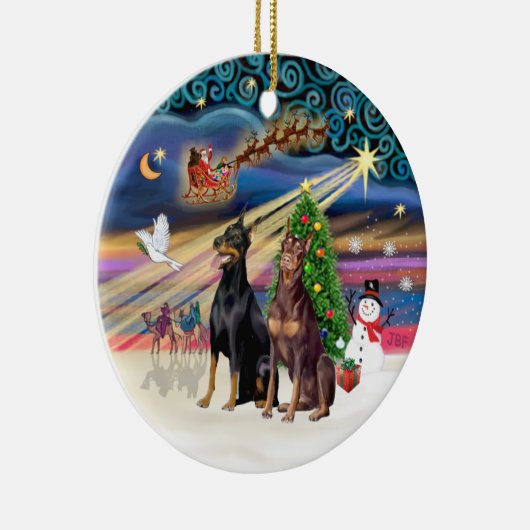 Xmas Magic - Dobermans (TWEE-zwart-rood) Keramisch Ornament (Rechts)