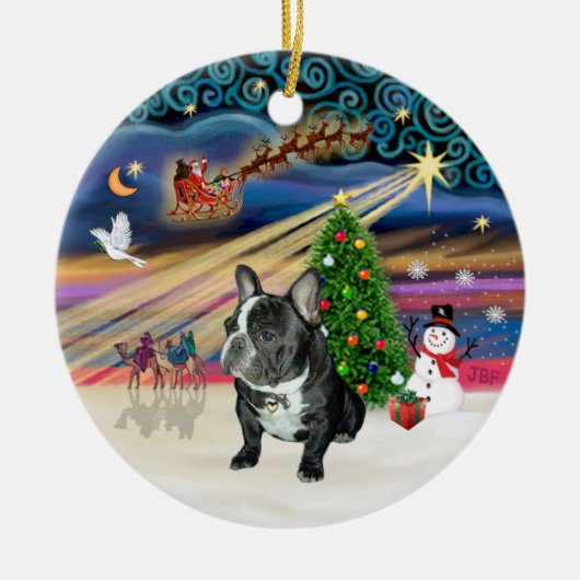Xmas Magic - Franse Bulldog (zwart-wit) Keramisch Ornament (Voorkant)