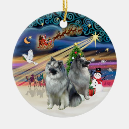 Xmas Magic - Keeshond (twee) Keramisch Ornament (Voorkant)