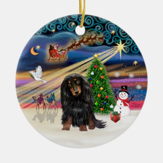 Xmas Magic - langharige teckel (zwart-bruin) Keramisch Ornament (Voorkant)