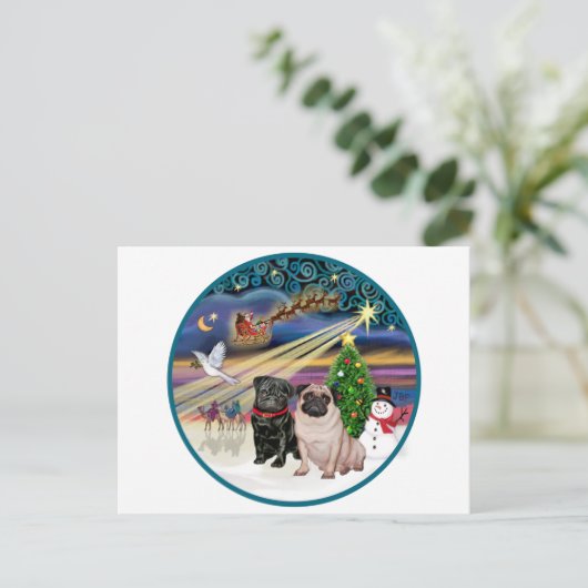 Xmas Magic (R) - Twee Pugs (F + B) Feestdagenkaart (Staand voorkant)
