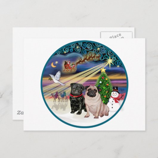 Xmas Magic (R) - Twee Pugs (F + B) Feestdagenkaart (Voorkant / Achterkant)