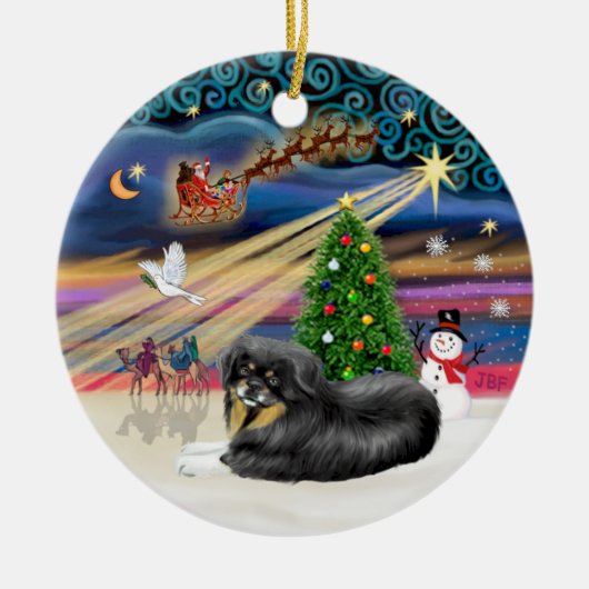 Xmas Magic - Tibetaanse Spaniel (zwart-bruin) Keramisch Ornament (Voorkant)