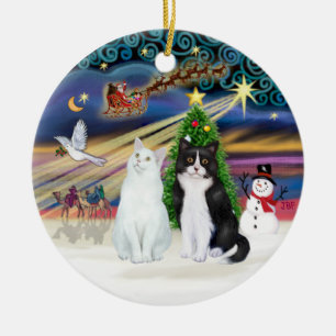 Xmas Magic - Twee katten - Wit + Zwart en Wit Keramisch Ornament