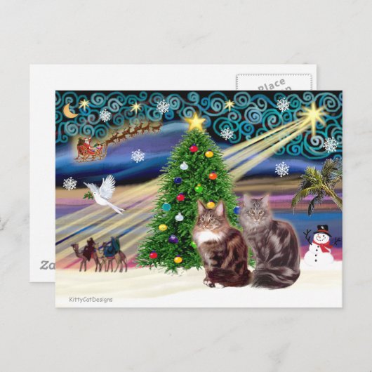 Xmas Magic - Twee Maine Coon katten Feestdagenkaart (Voorkant / Achterkant)