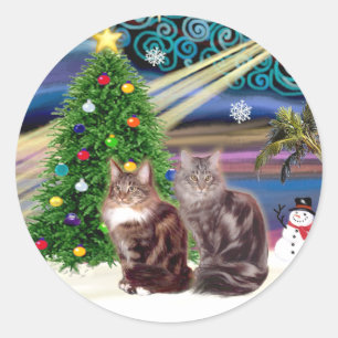 Xmas Magic - Twee Maine Coon katten Ronde Sticker