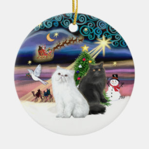 Xmas Magic - Twee Perzische katten (wit + zwart) Keramisch Ornament