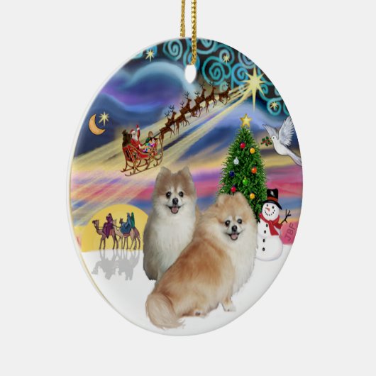 Xmas Magic - Twee Pomeranians (WS + fawn) Keramisch Ornament (Rechts)