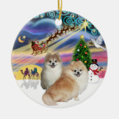 Xmas Magic - Twee Pomeranians (WS + fawn) Keramisch Ornament (Voorkant)