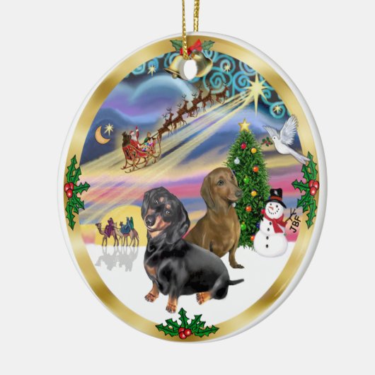 Xmas Magic - Twee teckels (bl+rd) Keramisch Ornament (Links)