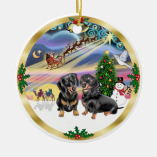 Xmas Magic - Twee zwarte Dachshunds Keramisch Ornament