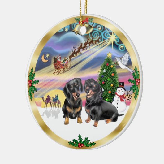 Xmas Magic - Twee zwarte teckels Keramisch Ornament (Links)