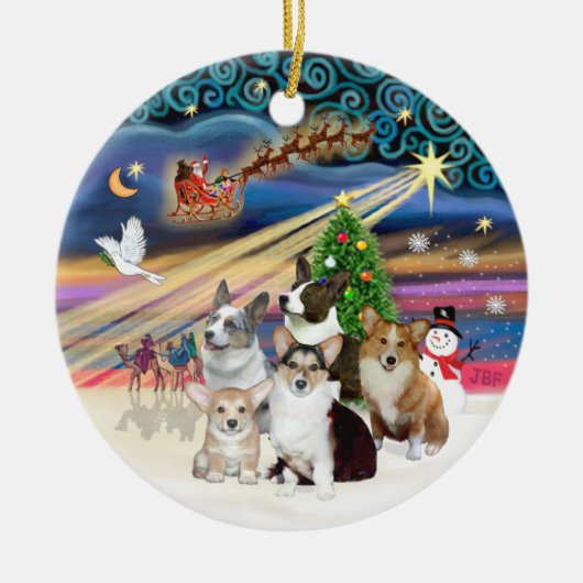 Xmas Magic - Vijf Welsh Corgi's Keramisch Ornament (Voorkant)