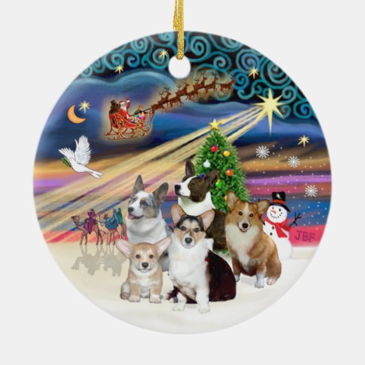 Xmas Magic - Vijf Welsh Corgi's Keramisch Ornament (Achterkant)