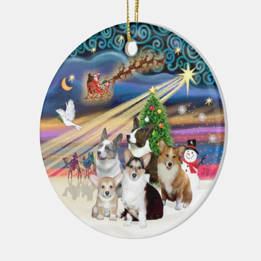 Xmas Magic - Vijf Welsh Corgi's Keramisch Ornament (Links)