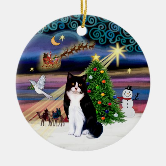 Xmas Magic - Zwart-wit kat Keramisch Ornament (Voorkant)