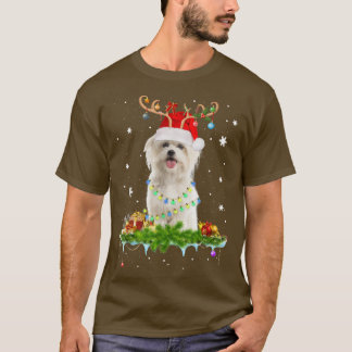 Xmas Maltese hond kerstlampjes Santa Reindeer D T-shirt