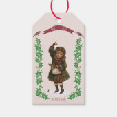 Xmas meisje met vogeltjes en groene Holly Cadeaulabel (Voorkant)