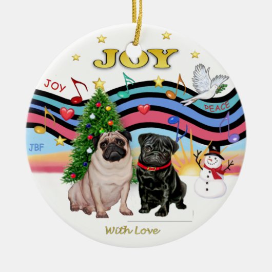 Xmas Music 1 - Twee Pugs Keramisch Ornament (Voorkant)