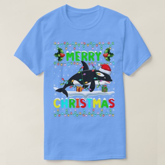 Xmas Orca Fish Lighting Santa Hat Merry Kerstmis T-shirt (Design voorkant)